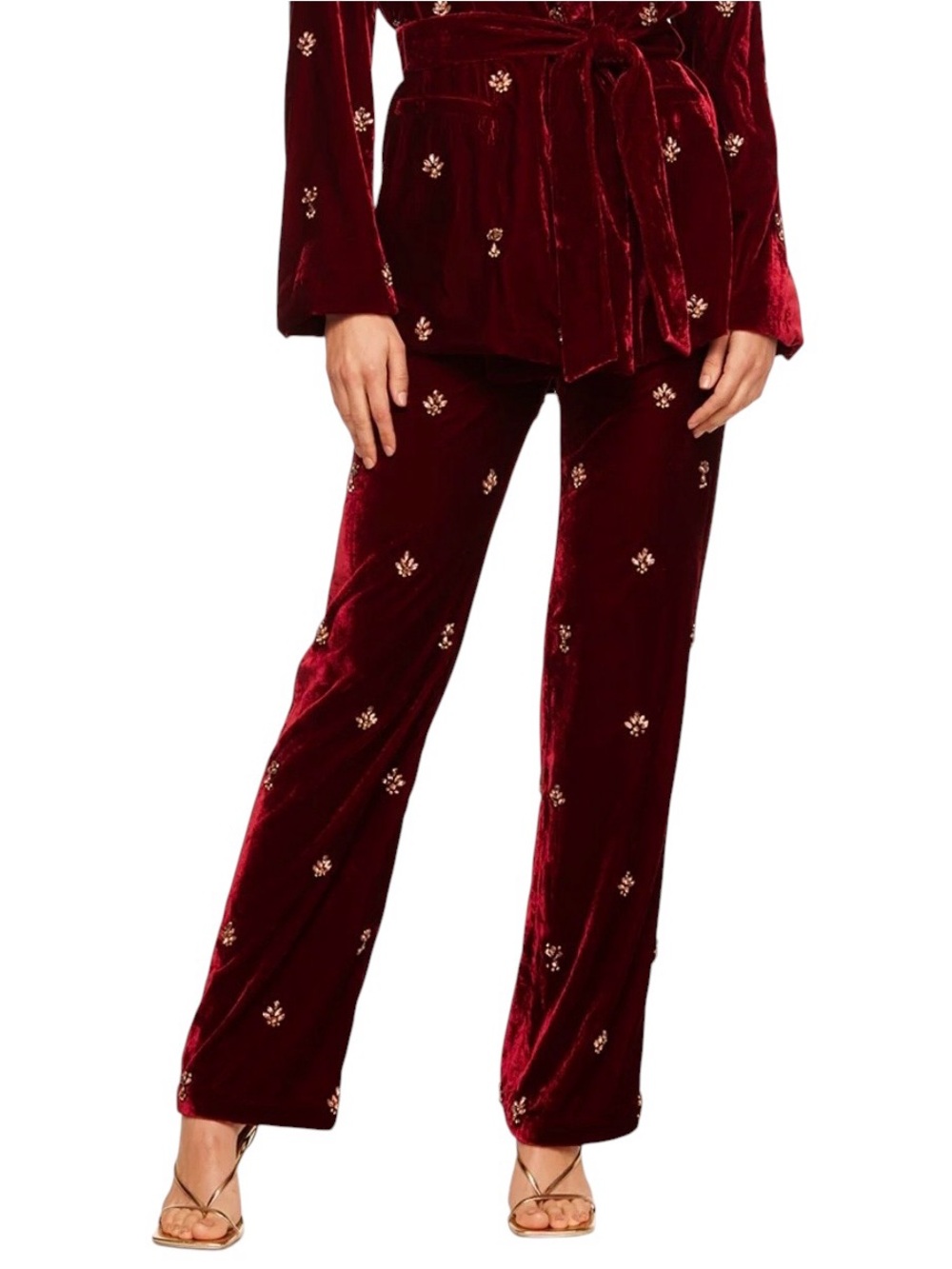 MISA Los Angeles Harlow Pants Burgundy Red Velvet Crystal Embellished Sz Medium